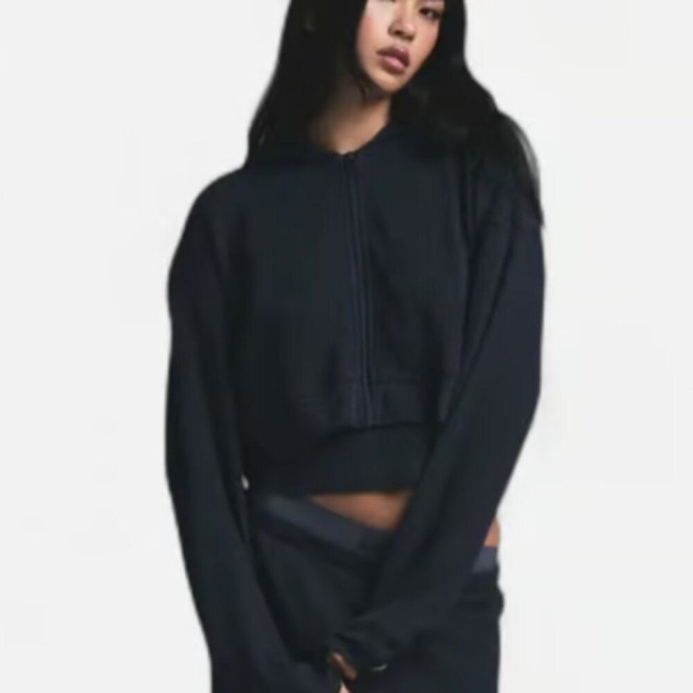 SKIMS Heavyweight Waffle Cropped Hoodie Womens XL Navy Blue Full Zip Knit EUC - Picture 2 of 10